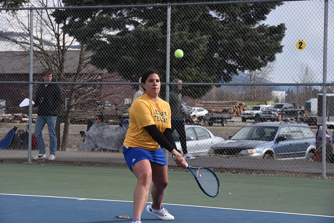 Libby's Marissa Hollingsworth was a straight-set winner on Tuesday, April 6, 2023, against Columbia Falls. (Scott Shindledecker/The Western News)