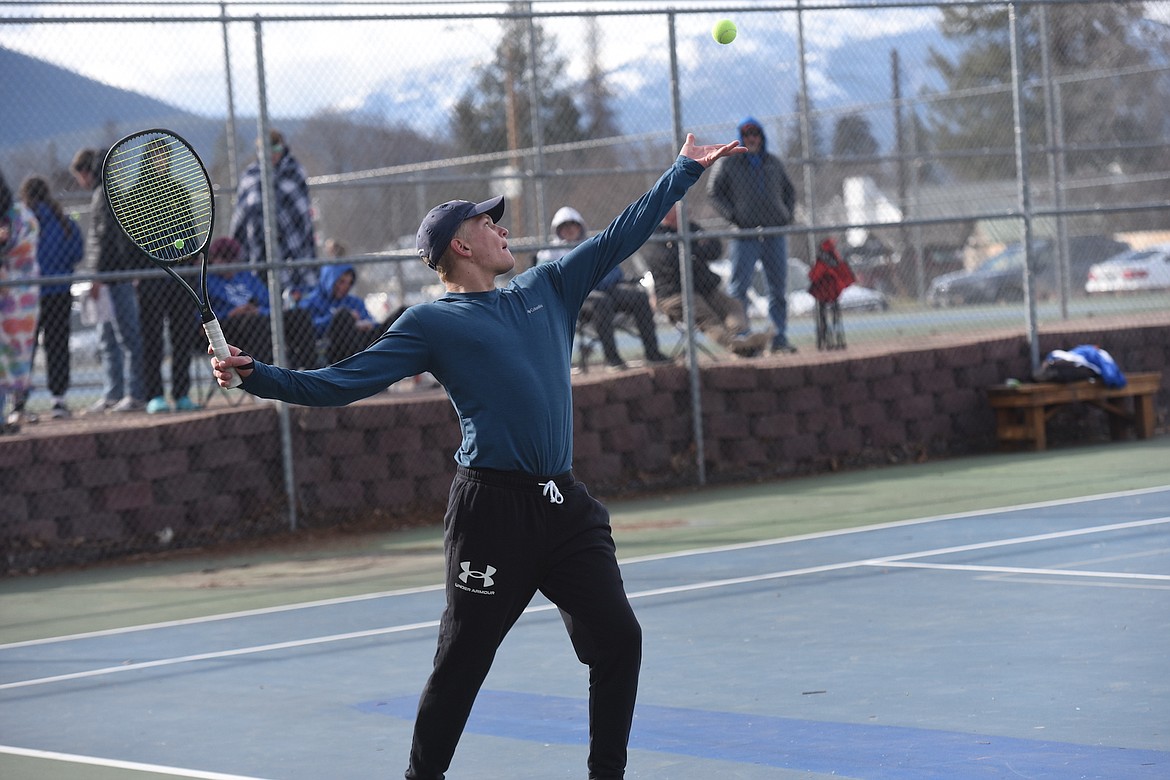 Libby tennis player Thomas Roark helped the Loggers beat Columbia Falls, 7-0, on Tuesday, April 4, 2023. (Scott Shindledecker/The Western News)