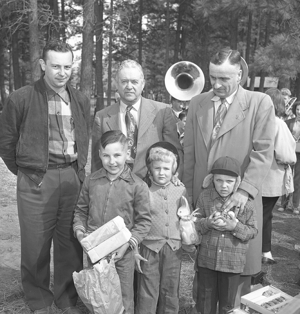 The first Lions Club Easter egg hunt on April 4, 1953. In back row is Stan London, Dwight Lohn and Henry Eckleberry. Front row are winners Walter Ren, 10, Cheryl Christensen, 6, and Edward Stanley Naylor, 5. (Mel Ruder photo)