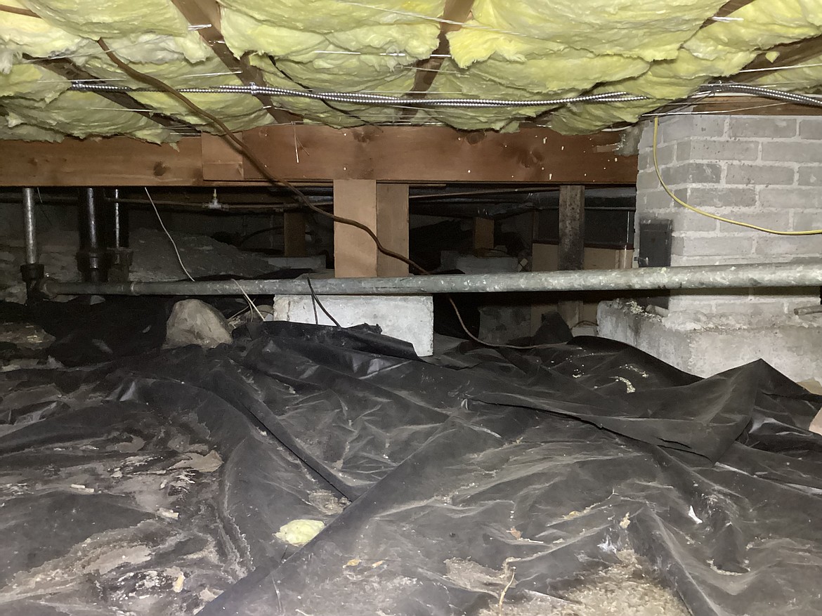 A crawl space under a home can reveal a great deal about the house’s condition. The insulation is correctly installed, with the paper side facing the inside of the house, Counter said, which isn’t something installers always get right.