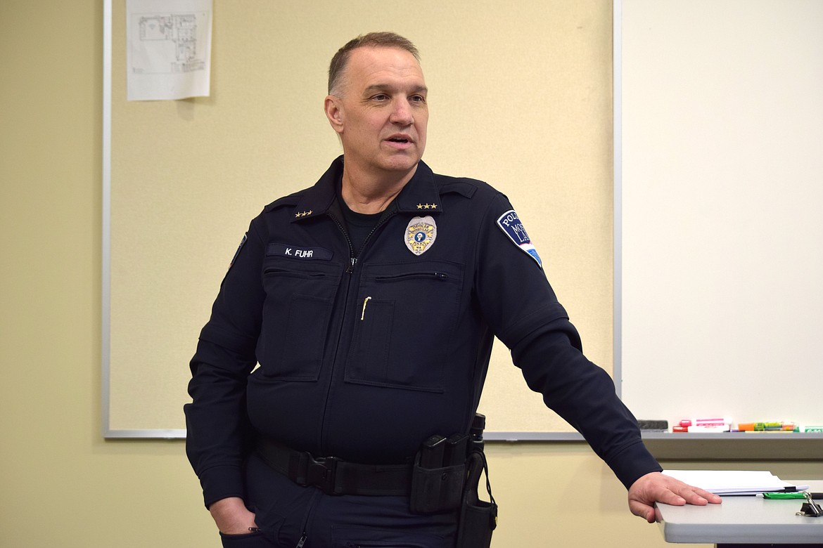 Moses Lake Police Chief Kevin Fuhr addressing the Citizens Academy at Big Bend Community College on Tuesday.