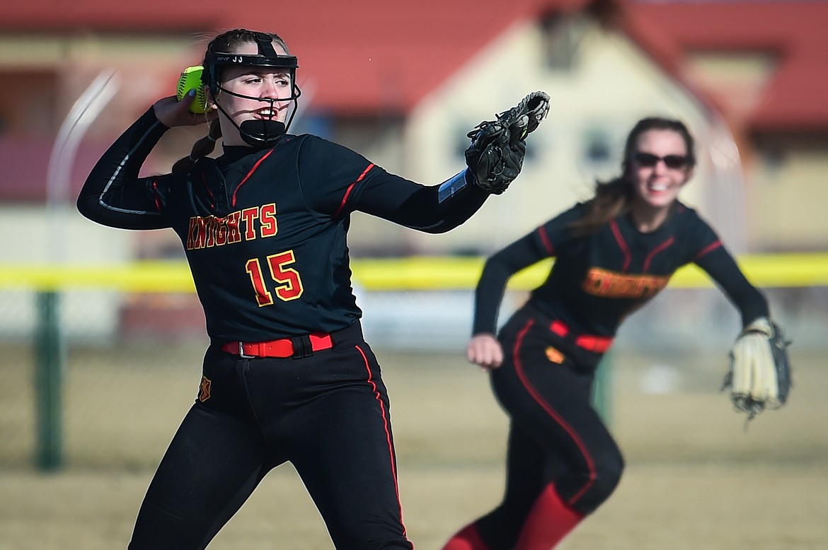 Missoula Hellgate third baseman Kaija Nagle (15) fires to first for an out in the first inning against Glacier at Glacier High School on Thursday, April 6. (Casey Kreider/Daily Inter Lake)