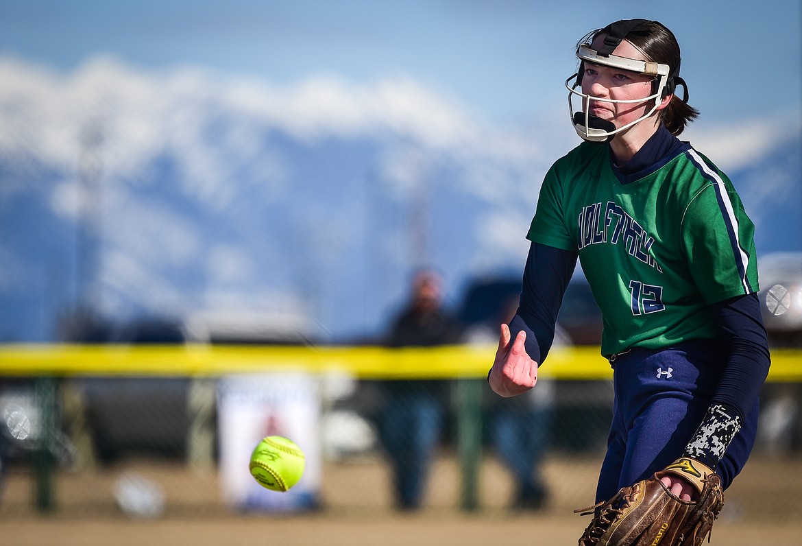 Glacier starting pitcher Ella Farrell (12) delivers in the first inning against Missoula Hellgate at Glacier High School on Thursday, April 6. (Casey Kreider/Daily Inter Lake)