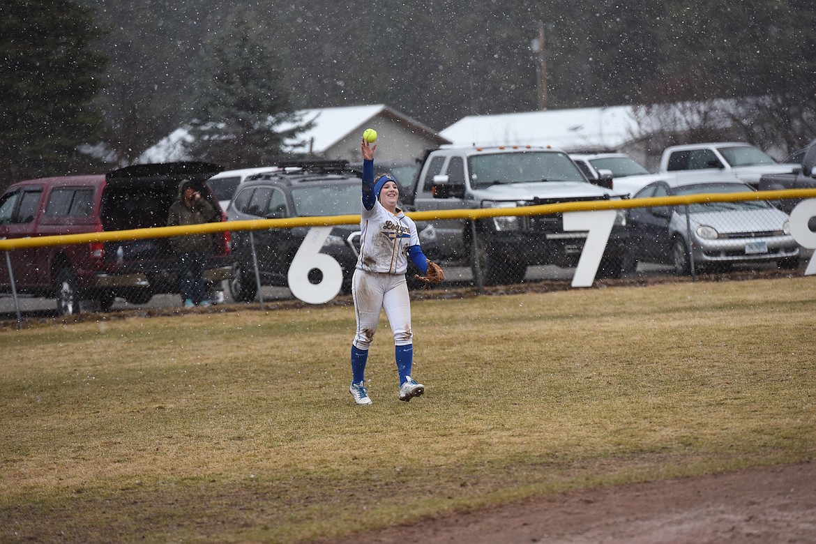 Libby softball centerfielder Mylie Rayome during a game on Saturday, April 1. (Scott Shindledecker/The Western News)