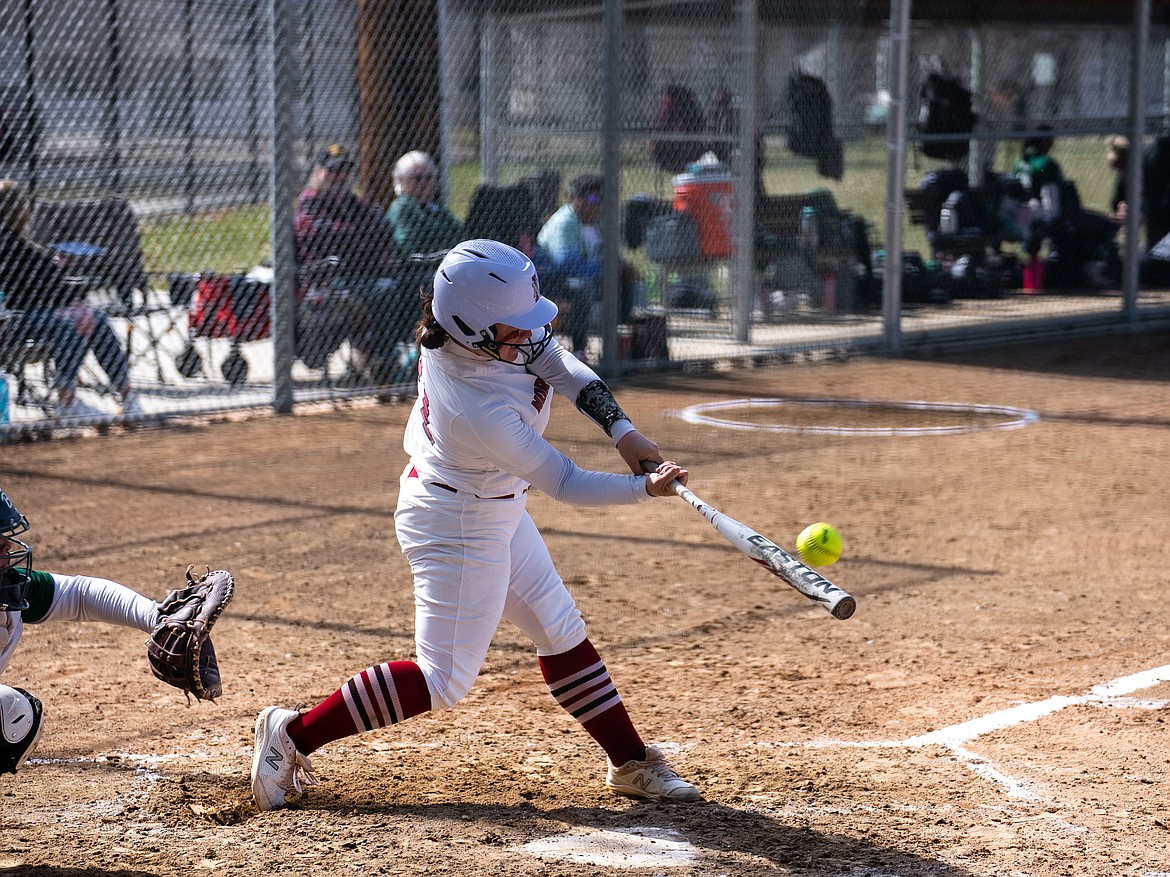 Photo courtesy of NORTH IDAHO COLLEGE ATHLETICS
North Idaho College freshman Summer Makinster connects on a home run in the fourth inning of the first game of a Northwest Athletic Conference doubleheader against Big Bend on Thursday at Memorial Field.