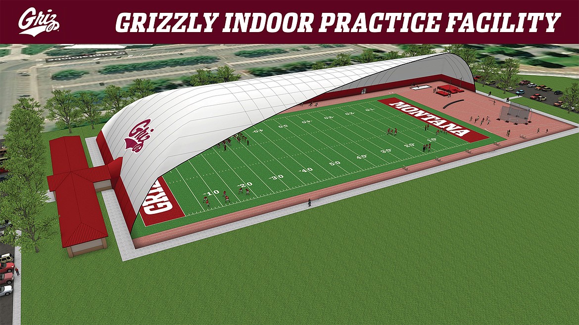 This an artist’s rendition of how the indoor practice facility will look when it is completed later this year. (Photo provided by the University of Montana)