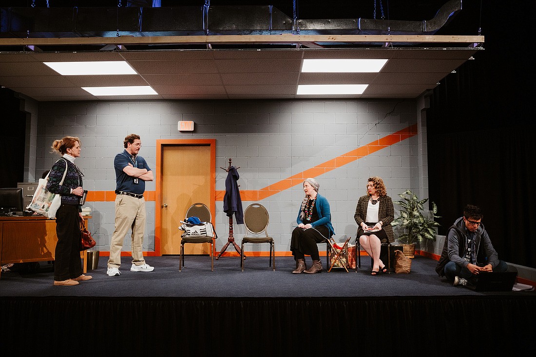 Whitefish Theatre Co. presents “Evelyn In Purgatory” starring Dawn Watland, Malcolm Sharbutt, Merannda Button, Joy James and Mikey Winn (Photo by Matt Wetzler of Thewmatt Photography).