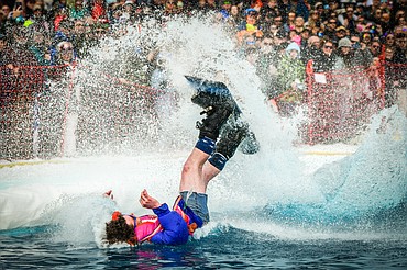 A competitor crashes into the water at Whitefish Mountain Resort's pond skim on Saturday, April 8. (Casey Kreider/Daily Inter Lake)