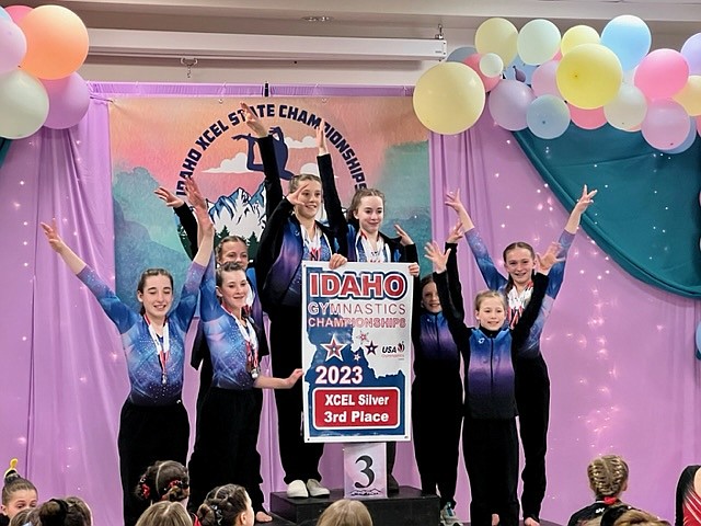 Courtesy photo
The GEMS Athletic Center bronze team placed second at the state gymnastics meet April 1-2 in Hailey. From left are Katelynn Clark, Ani Hall, Ava Wittman, Faith Robertson, Riley Krebs, Annabeth Gambrino and Nora Maddox.