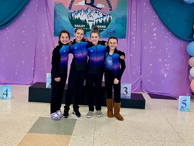 Courtesy photo
GEMS Athletic Center gold team members at the state gymnastics meet April 1-2 in Hailey. From left are Kinsley Bodman, Saydee Mathews, Macee Caudle and Sydney Burke.