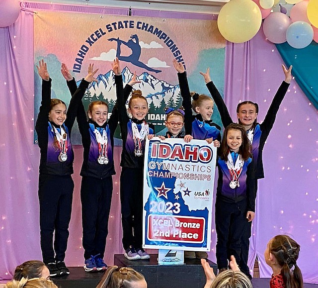 Courtesy photo
The GEMS Athletic Club silver team placed third at the state gymnastics meet April 1-2 in Hailey. Team members include, from left, Reagan Smith, Summer Spiker, Sydney Thompson, Sierra Crawford, Elliot Tuntland, Ensley Vucinich, Carsyn Horsley and Ashley Gwin.