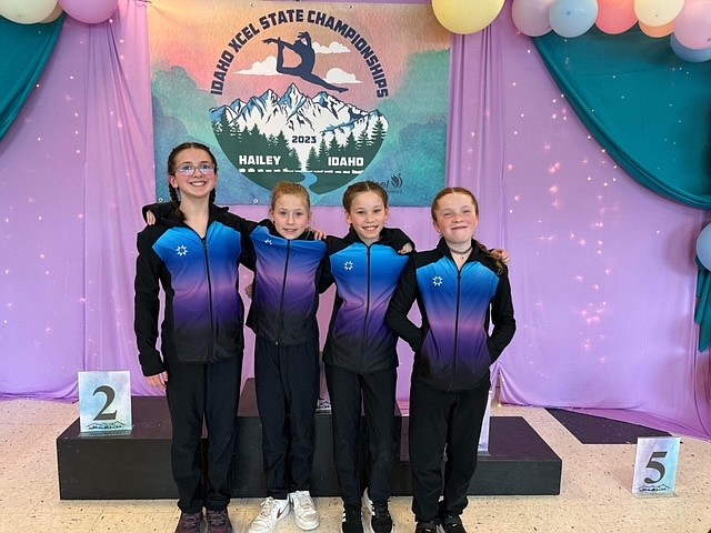 Courtesy photo
The middle group of silvers from the GEMS Athletic Center at the state gymnastics championships April 1-2 in Hailey. From left are Aria Milewski, Carsyn Horsley, Kalea Pham and Kallyn O’Brien.