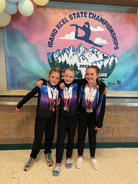 Courtesy photo
The youngest group of silvers from the GEMS Athletic Center at the state gymnastics meet April 1-2 in Hailey. From left are Ensley Vucinich, Hunter Bangs and Olivia Kiser.