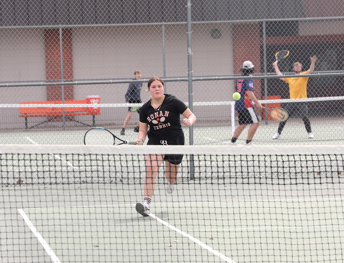 Ronan's Trinity Carpentier goes for the ball in singles action Friday against Libby. (Susan Lake photo)