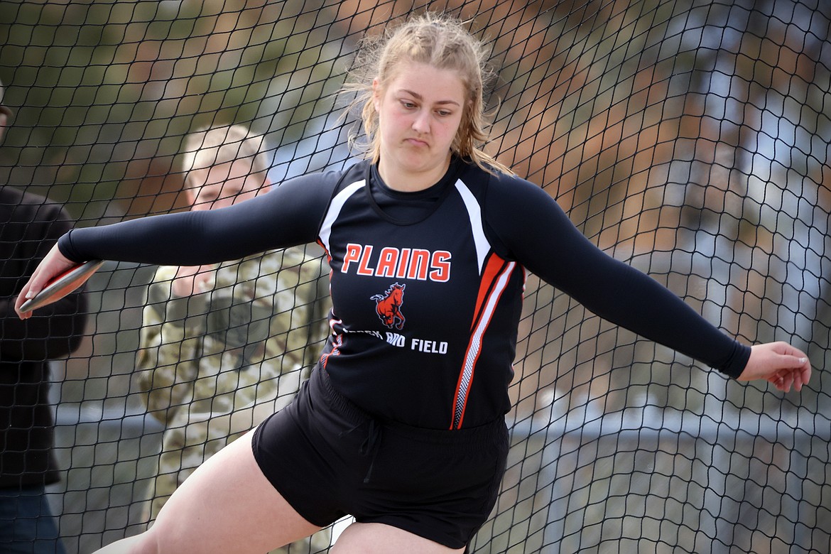 Lexi Deming of Plains took first in the discus at the Bigfork track meet Saturday with a toss of 112 feet, 5 inches. (Jeremy Weber/Bigfork Eagle)