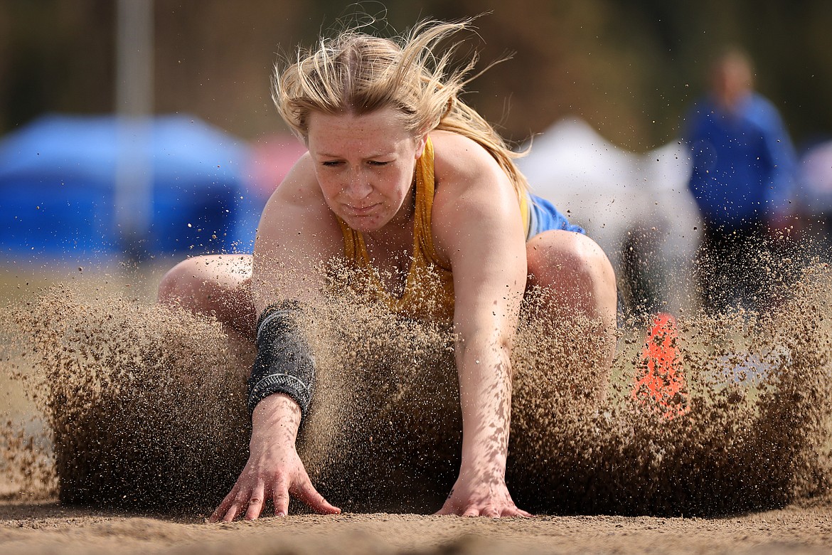 Lady Hawk Chesney Lowe was seventh in the long jump at the Bigfork track meet Saturday with a leap of 14 feet, 4 inches. (Jeremy Weber/Bigfork Eagle)