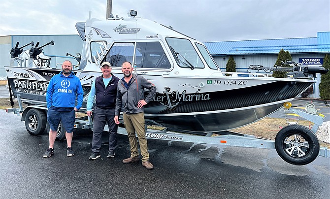 Tobler Marina and Fins an Feathers are teaming up again this year. From left, Matt Adams, Yamaha master technician; Jeff Smith, owner, Fins and Feathers Tackle and Guide Service; and Chad Kaiser, Duckworth product specialist.