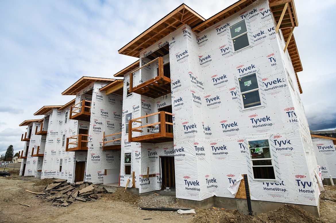 One of several buildings under construction at Junegrass Place on North Meridian Road in Kalispell on Tuesday, April 11. (Casey Kreider/Daily Inter Lake)