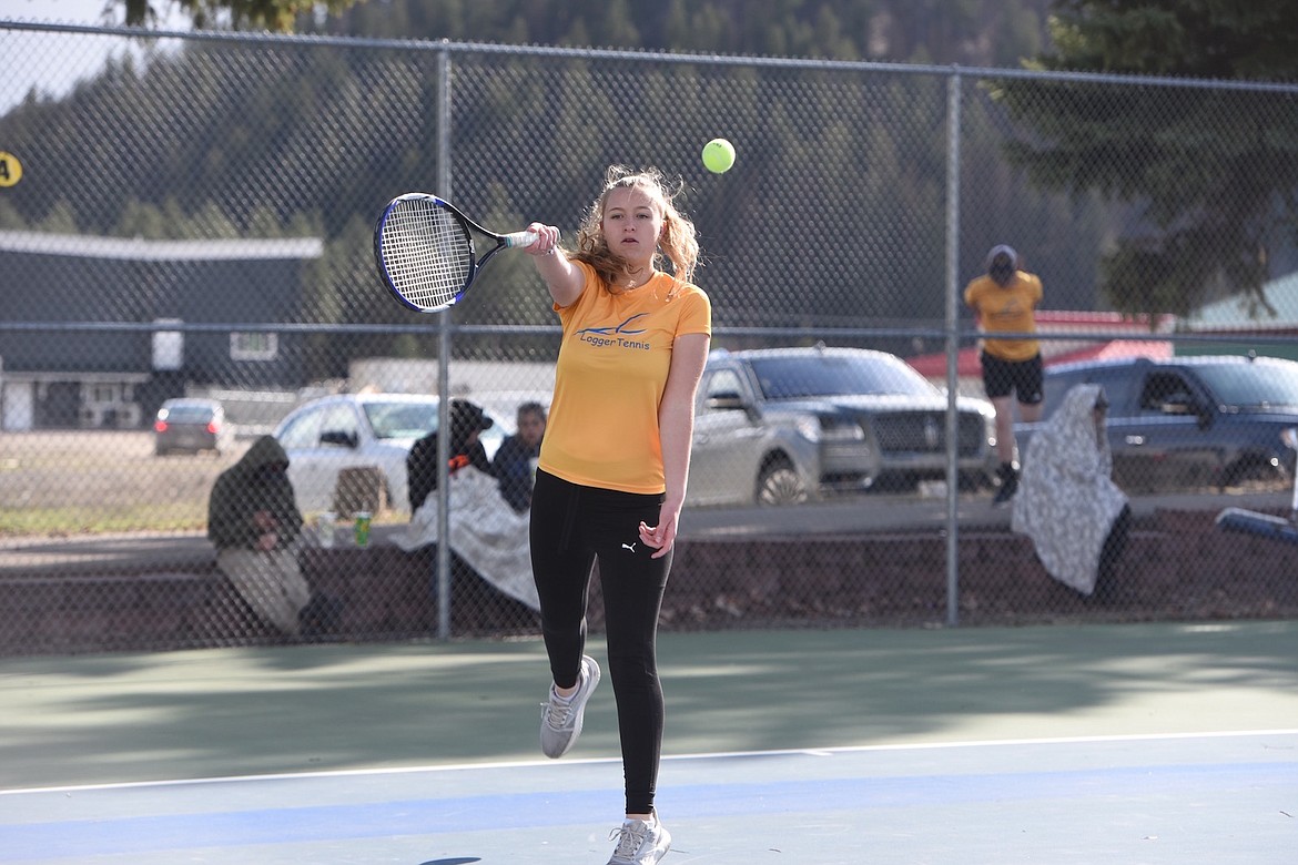 Libby's Kayla Hoff competes at No. 3 doubles Tuesday afternoon against Whitefish at Rich Thompson Memorial Terrace. (Scott Shindledecker/The Western News)