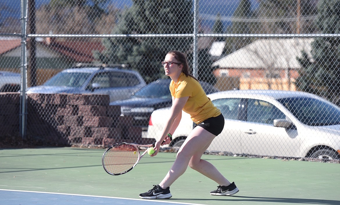 Libby's Savanah Lucas competes at No. 3 doubles Tuesday afternoon against Whitefish at Rich Thompson Memorial Terrace. (Scott Shindledecker/The Western News)