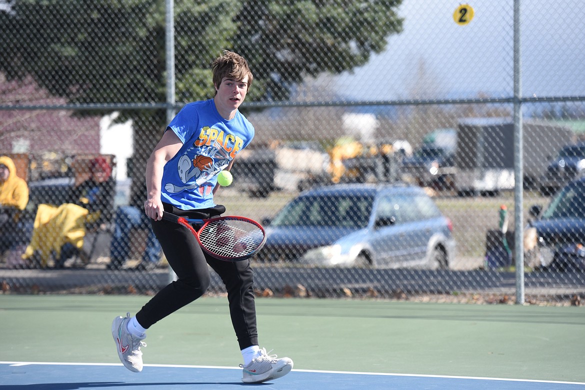 Libby's Xavier Reatz competes at No. 4 singles Tuesday afternoon against defending state champion Whitefish at Rich Thompson Memorial Terrace. (Scott Shindledecker/The Western News)