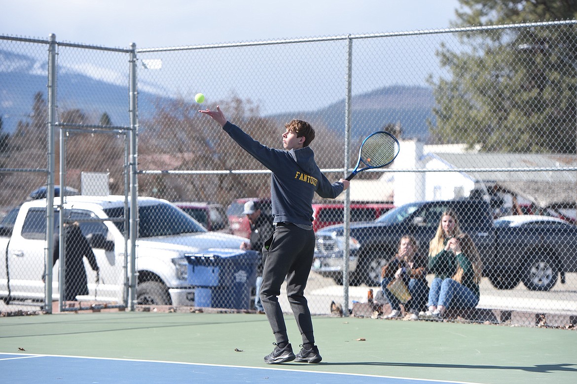 Libby's Zach Fantozzi competes at No. 2 doubles Tuesday afternoon against defending state champion Whitefish at Rich Thompson Memorial Terrace. (Scott Shindledecker/The Western News)