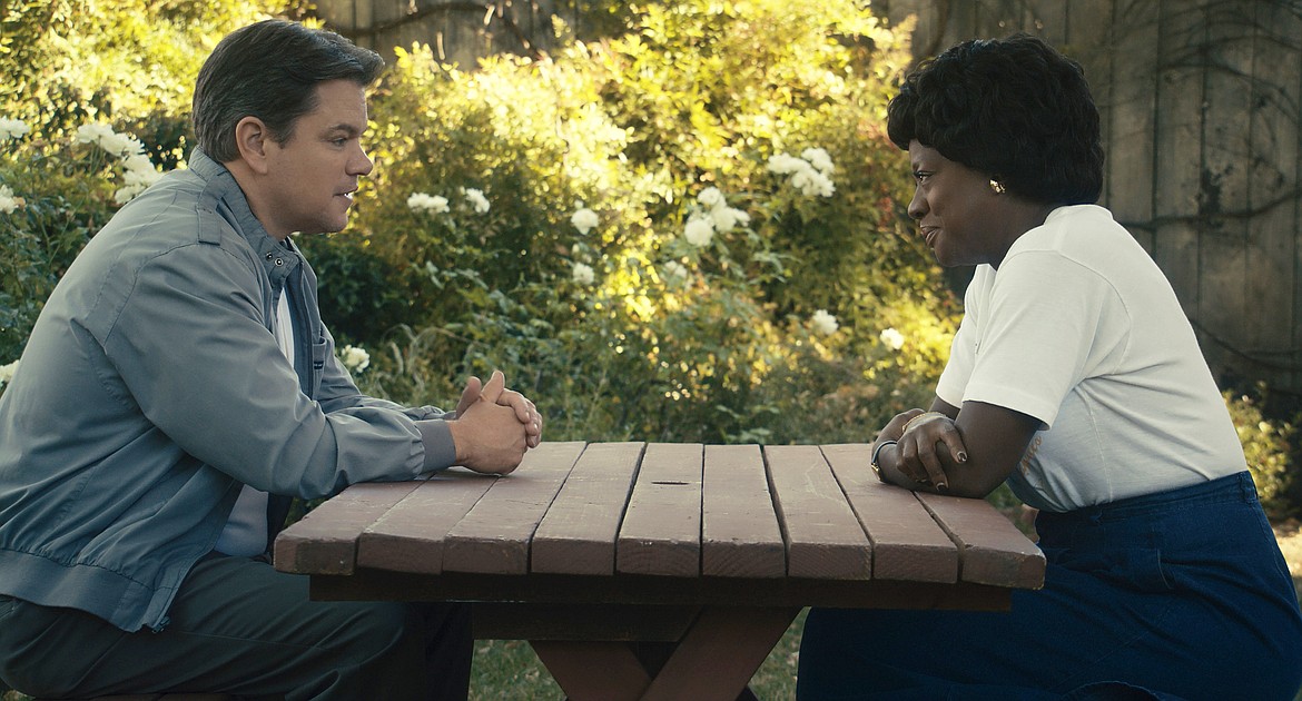 This image released by Amazon Prime Video shows Matt Damon as Sonny Vaccaro and Viola Davis as Deloris Jordan in a scene from "Air."