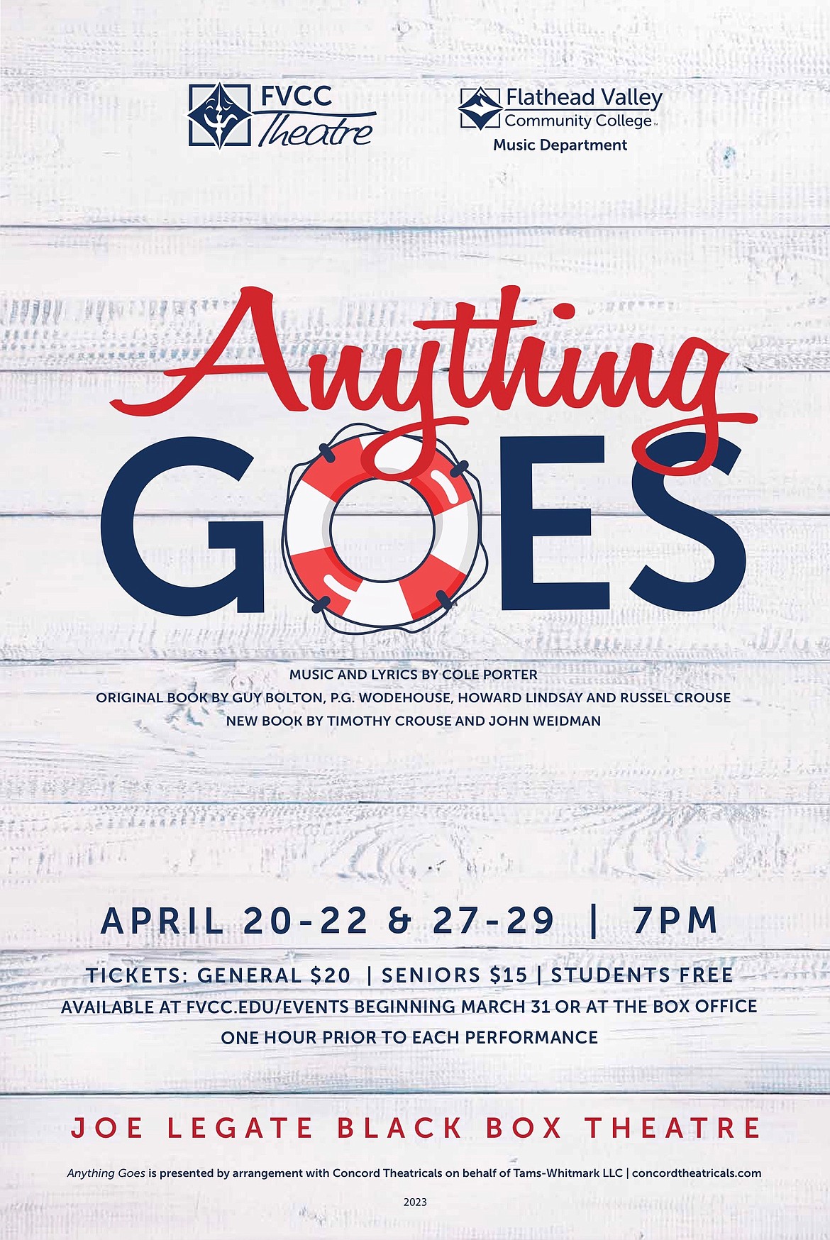 The madcap antics of "Anything Goes," begin at 7 p.m. April 20, 21, 22 and April 27, 28, 29 at the FVCC Joe Legate Black Box Theatre at Flathead Valley Community College. The performance features the music and lyrics of Cole Porter. (Artwork provided)