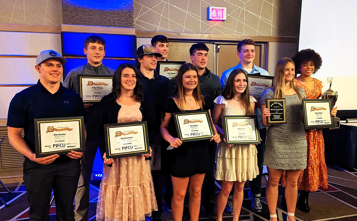 BFHS athletes pose with their nominates certificates to the North Idaho Hall of Fame at the 60th Annual Awards on April 8. (very back) Asher Williams, (left second row) Ridge Williams, Charles Henslee, Blake Rice, Trey Bateman, Asha Abubakari (front) Cleo Henslee, Mia Blackmore, Avery Bayer, Morgan Burt and Braylyn Bayer.