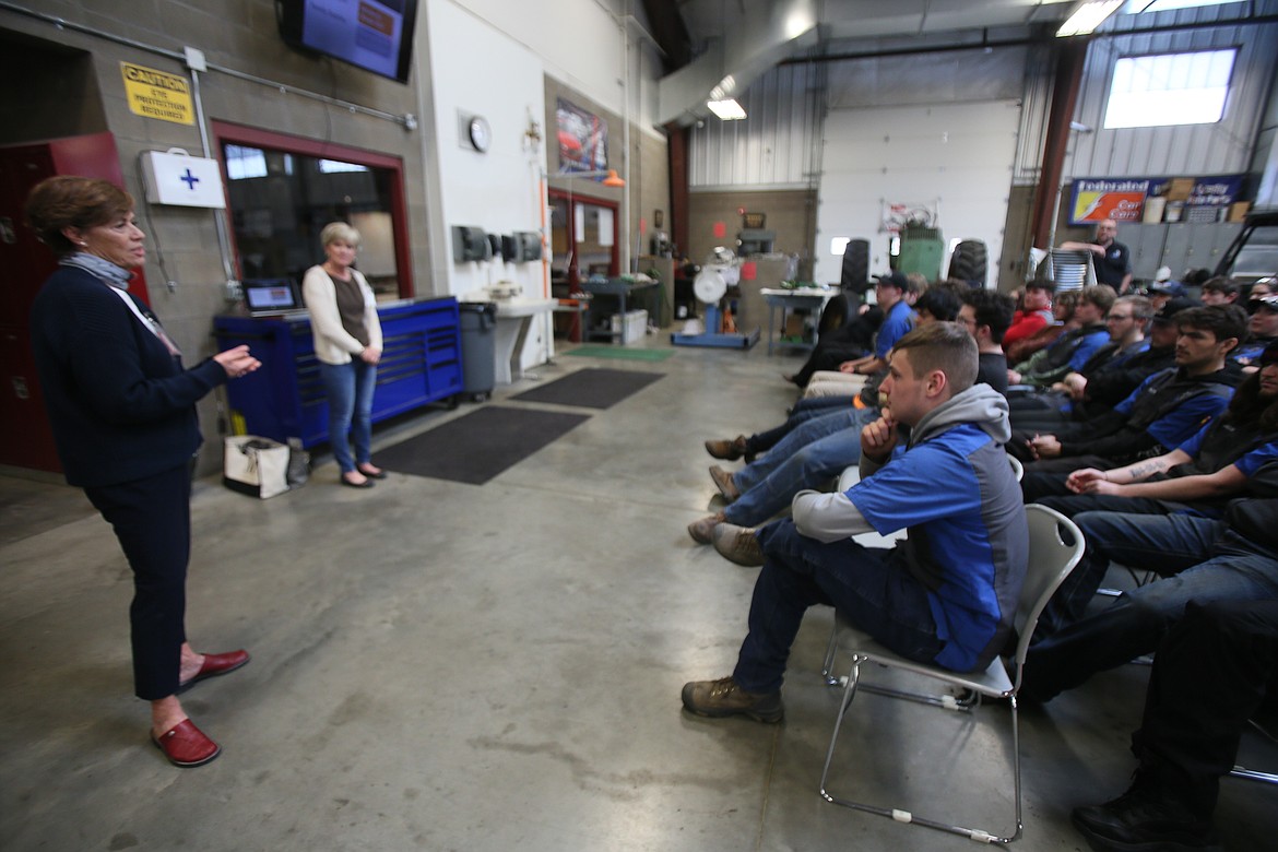 Debra Stoenner of Charity Reimagined speaks to Kootenai Technical Education Campus auto and diesel students Wednesday about a new innovative program that will use talents of KTEC students and donations from the community to make a difference in the lives of people with transportation challenges.