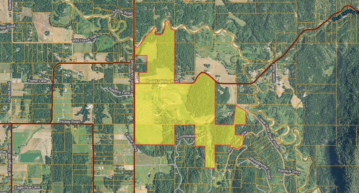 A map showing the 714.23-acre property owned by Pack River Partners LLC.