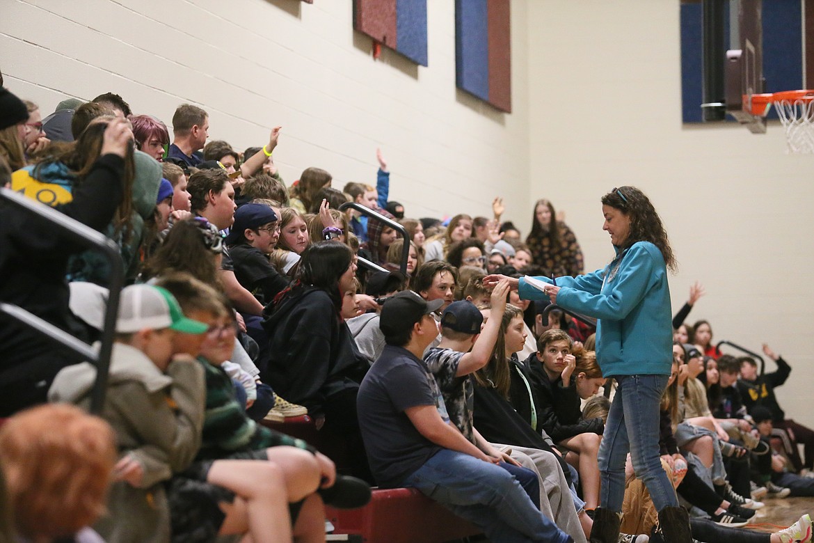 Coeur d'Alene Tribe restoration coordinator Rebecca Stevens fields questions from Lakes sixth graders Thursday.