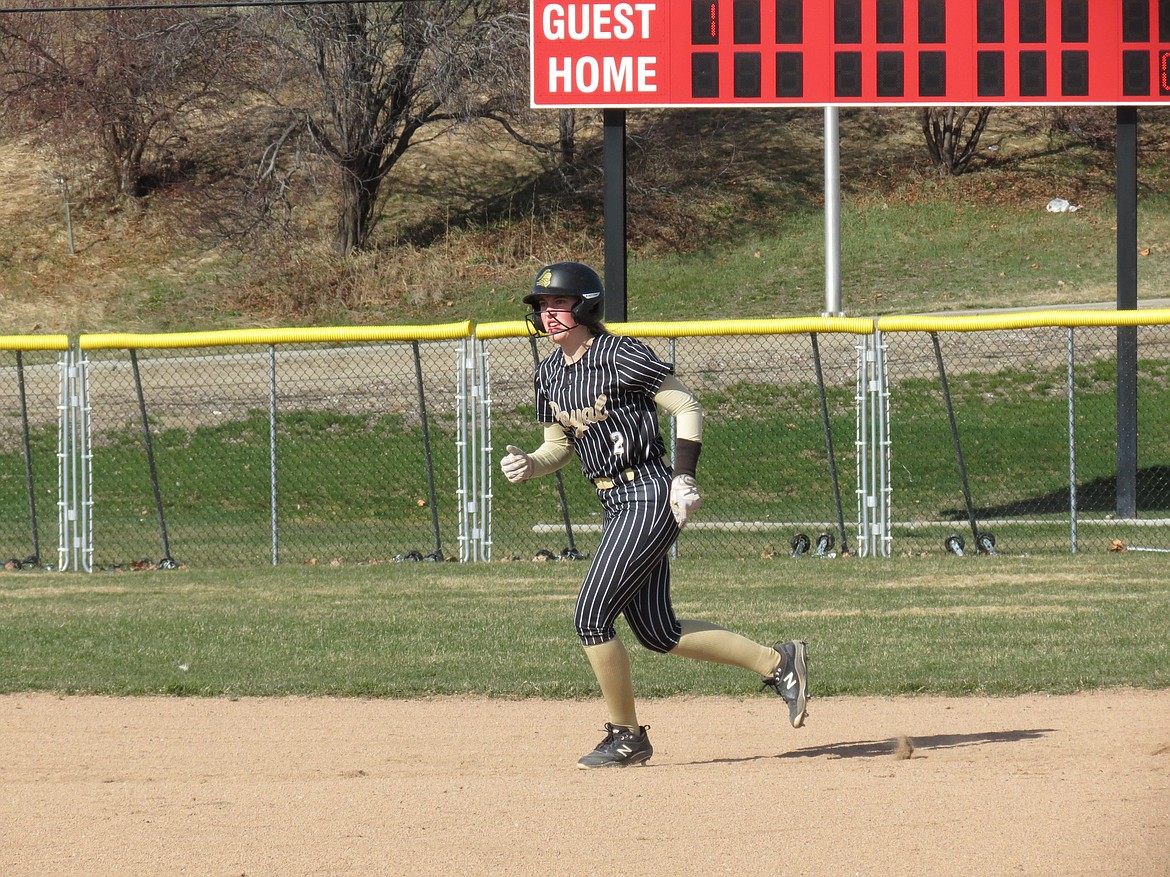 Royal senior Addi Lawrence runs the bases for the Knights. Head Coach Lisa Lawrence said the Knights have had “great” base running so far this season.