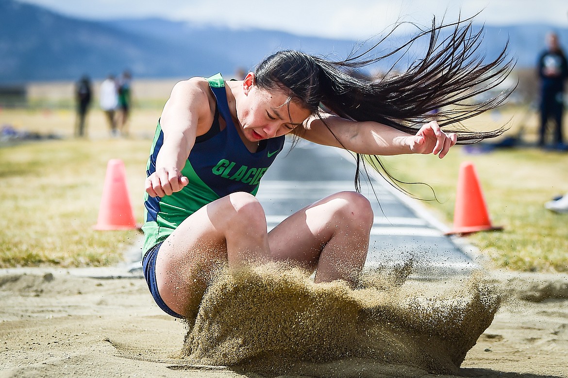 Glacier's Karys Camp competes in the long jump during a dual track meet with Butte at Glacier High School on Friday, April 14. (Casey Kreider/Daily Inter Lake)