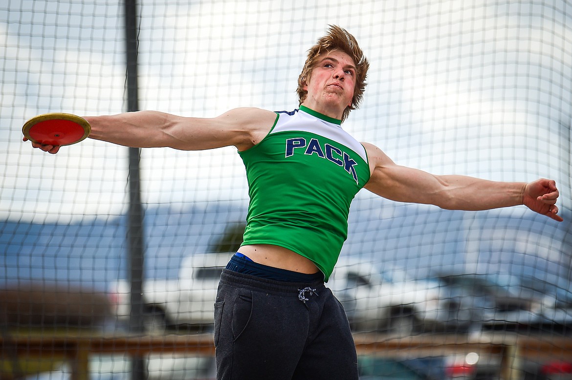 Glacier's Aiden Krause competes in the discus during a dual track meet with Butte at Glacier High School on Friday, April 14. (Casey Kreider/Daily Inter Lake)