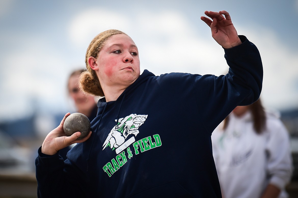 Glacier's Kai Johnson competes in the shot put during a dual track meet with Butte at Glacier High School on Friday, April 14. (Casey Kreider/Daily Inter Lake)