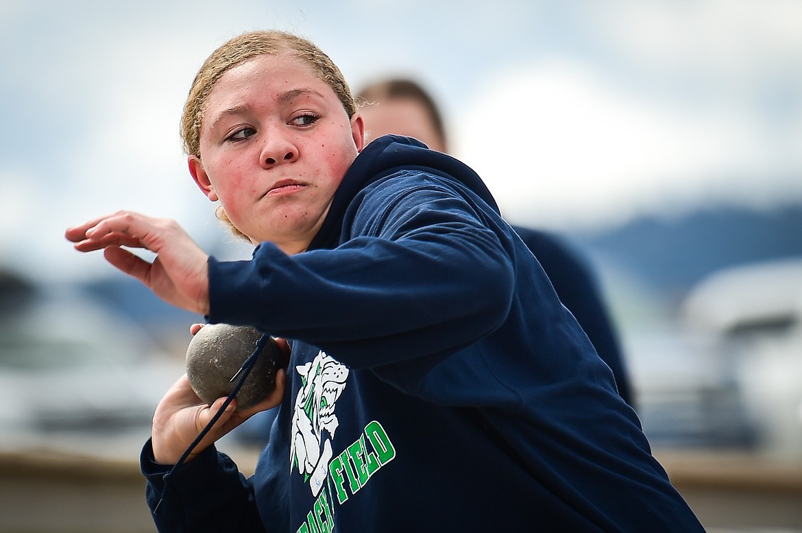 Glacier's Kai Johnson competes in the shot put during a dual track meet with Butte at Glacier High School on Friday, April 14. (Casey Kreider/Daily Inter Lake)