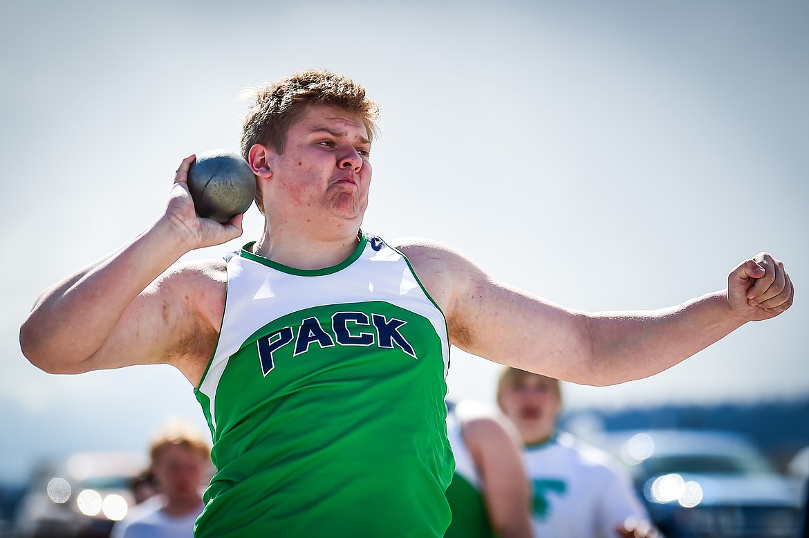 Glacier's Henry Sellards competes in the shot put during a dual track meet with Butte at Glacier High School on Friday, April 14. (Casey Kreider/Daily Inter Lake)