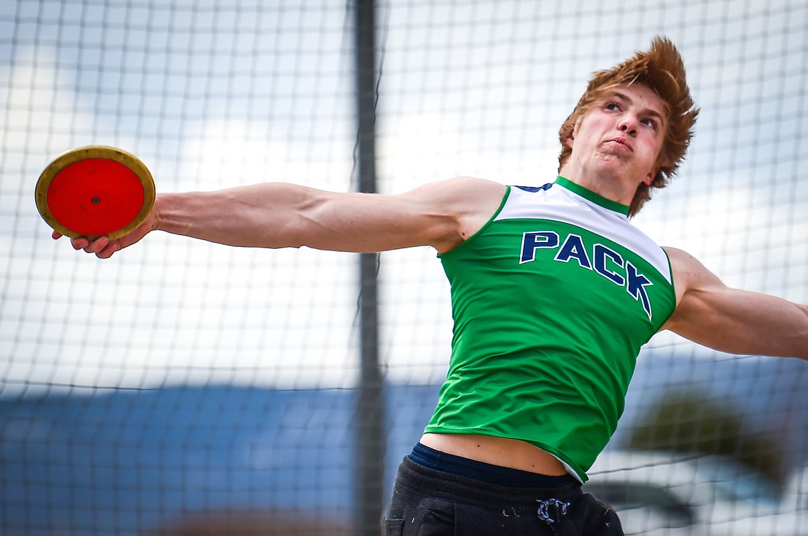 Glacier's Aiden Krause competes in the discus during a dual track meet with Butte at Glacier High School on Friday, April 14. (Casey Kreider/Daily Inter Lake)