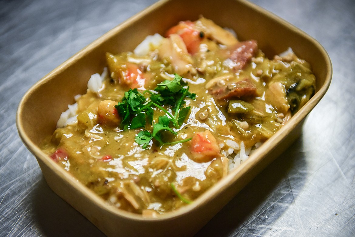 A Cajun Gumbo Bowl on a bed of white rice for an order at Flathead Valley Community College's pop-up lunch restaurant "Smolder," operated by students in the school's Culinary Institute of Montana on Thursday, April 13. (Casey Kreider/Daily Inter Lake)