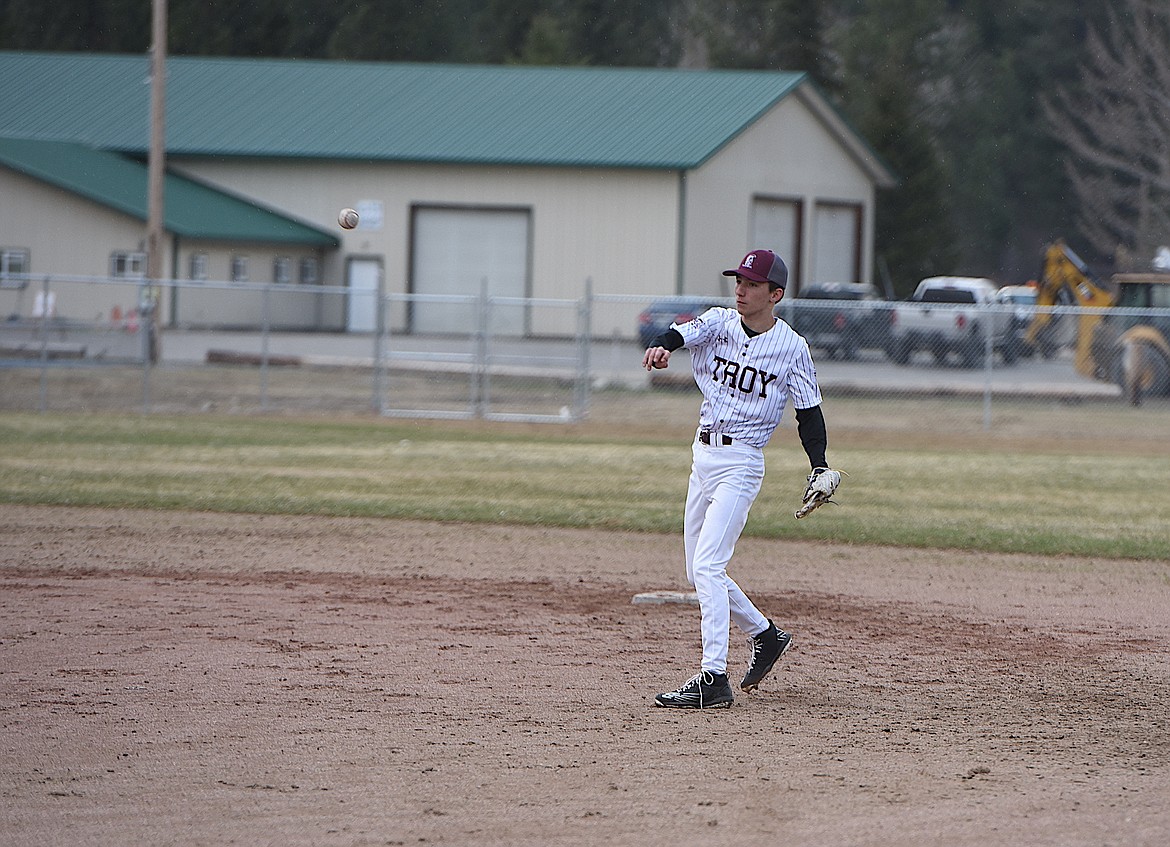 Troy second baseman Brody Kelso makes a throw to first base against Mission on Thursday, April 13, 2023. (Scott Shindledecker/The Western News)