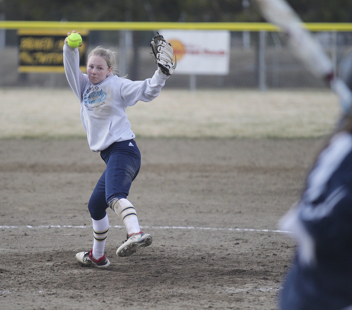 MARK NELKE/Press
Timberlake sophomore Marissa Needs pitches to Bonners Ferry in the second game of a doubleheader Friday in Spirit Lake.