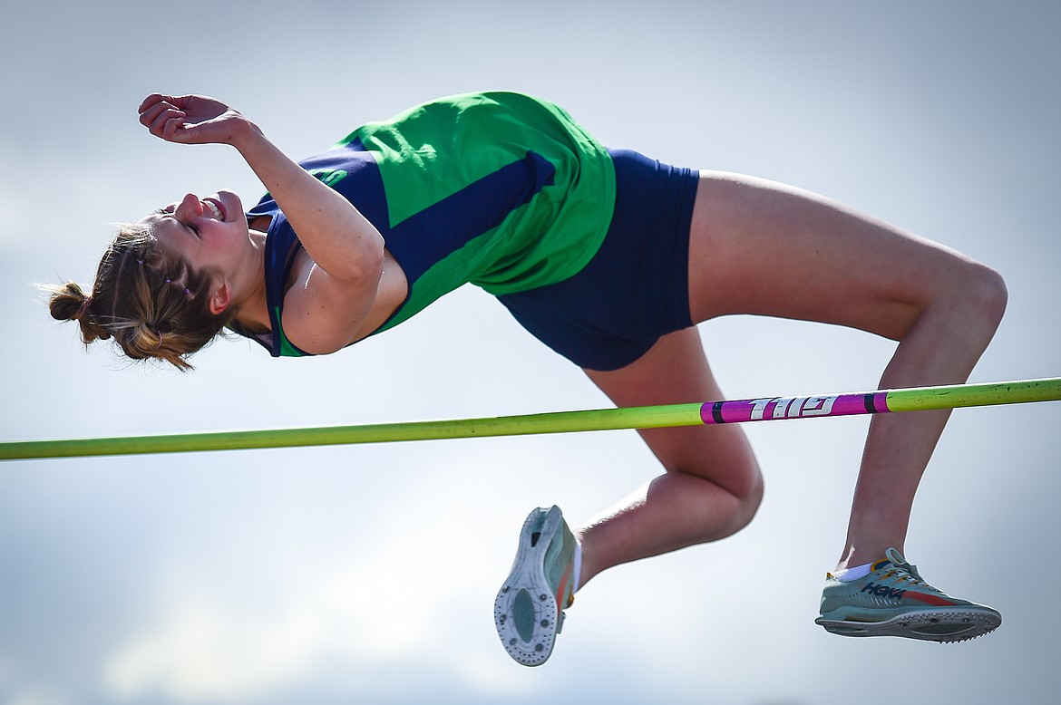 Glacier's Jaidyn Pevey clears 5' in the high jump during a dual track meet with Butte at Glacier High School on Friday, April 14. (Casey Kreider/Daily Inter Lake)