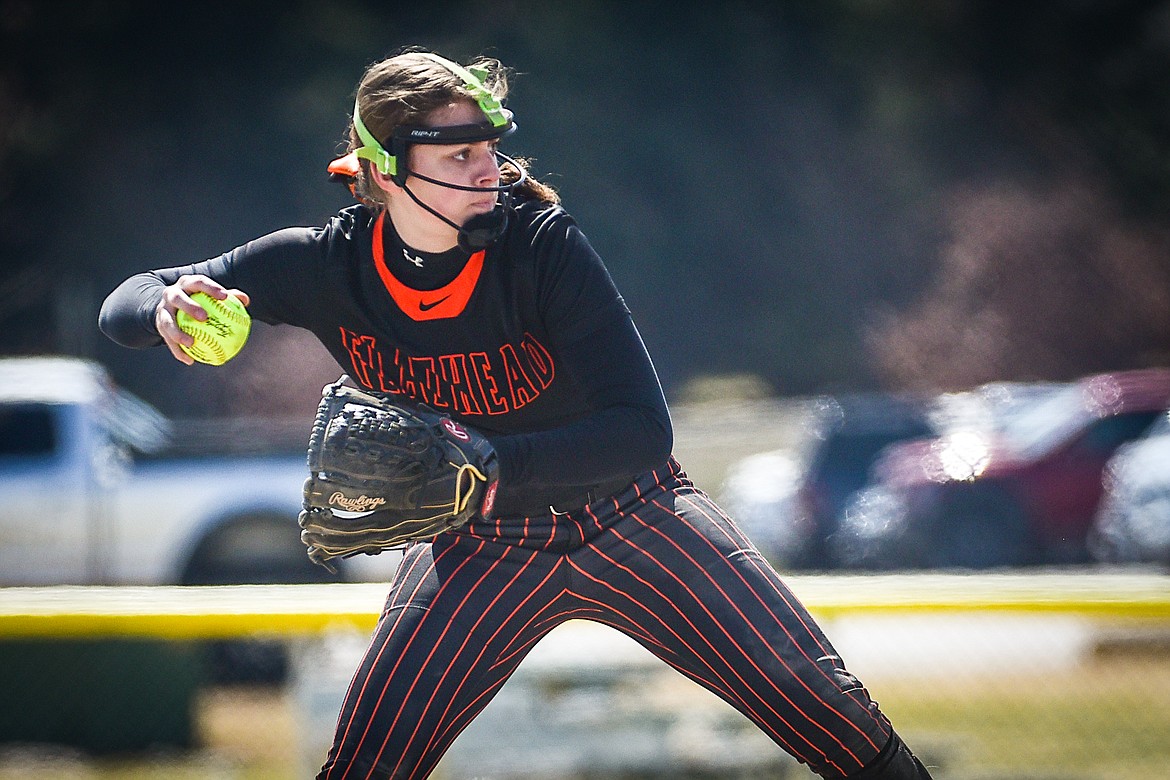 Flathead shortstop Kaidyn Lake (10) readies a throw to second base against Helena at Kidsports Complex on Saturday, April 15. (Casey Kreider/Daily Inter Lake)