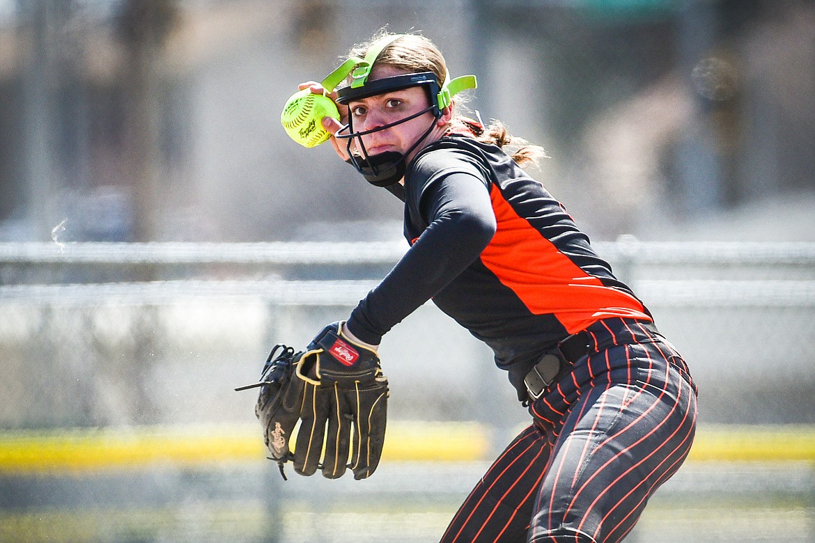 Flathead shortstop Kaidyn Lake (10) readies a throw across the diamond against Helena at Kidsports Complex on Saturday, April 15. (Casey Kreider/Daily Inter Lake)