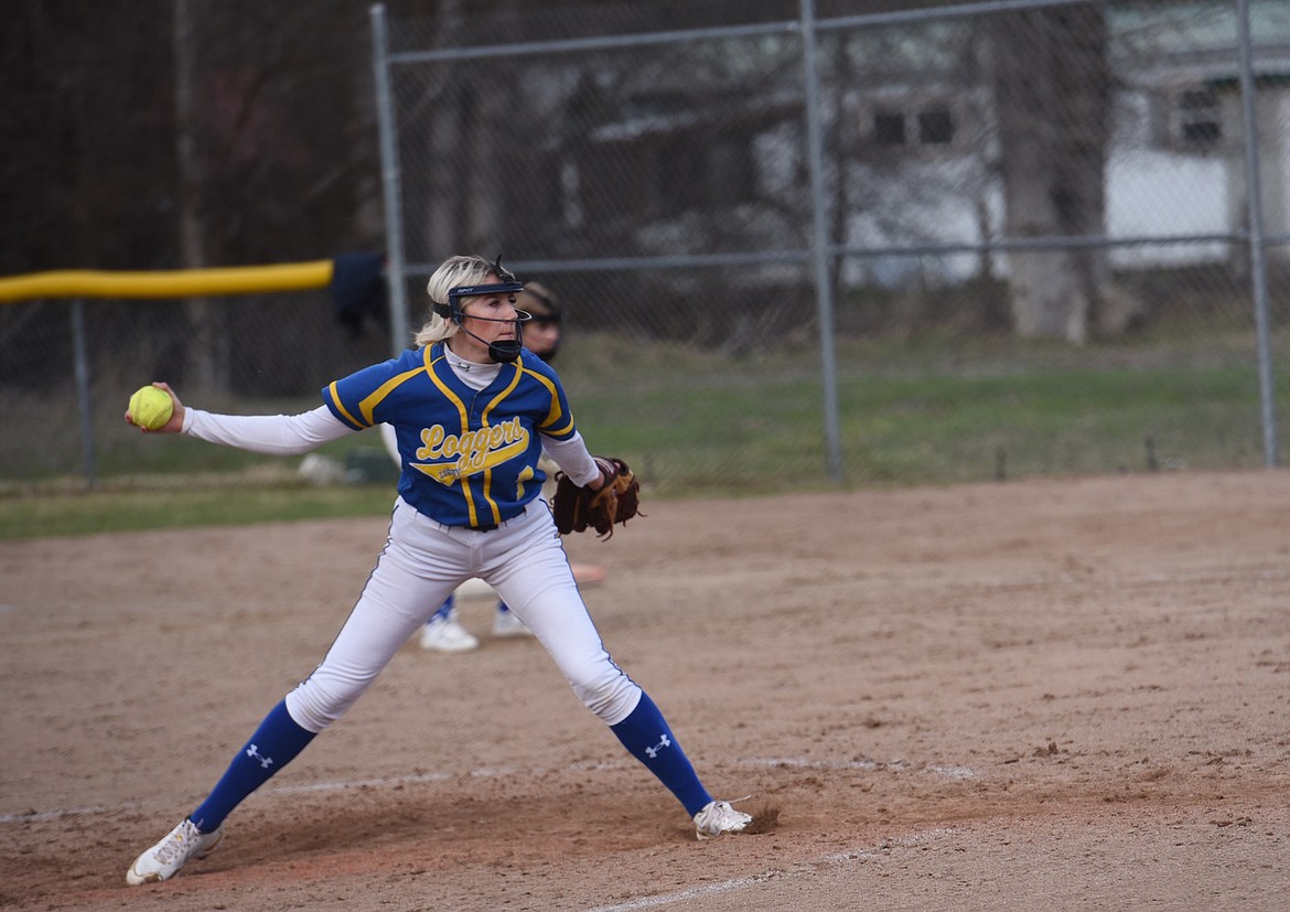 Libby's Mackenzie Foss delivers a pitch Friday, April 14 against Browning. Foss was named to the Montana Class A All-State team. (Scott Shindledecker/The Western News FILE)