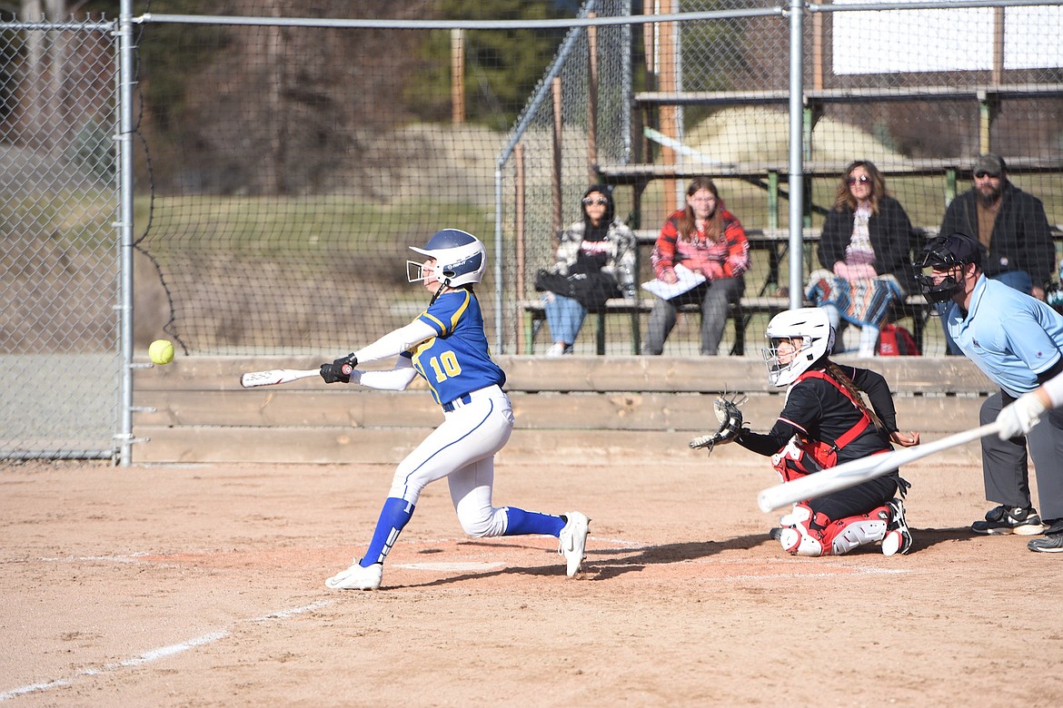 Libby's Madison Vincent lines a pitch for a hit Friday, April 14 against Browning. The Lady Loggers swept a doubleheader in convincing fashion. (Scott Shindledecker/The Western News)