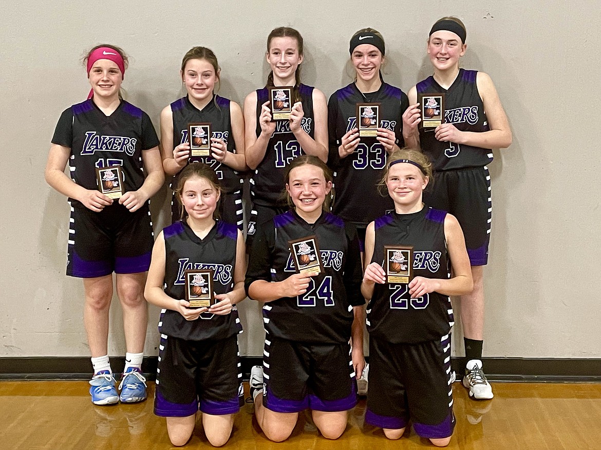 Courtesy photo
The sixth grade Coeur d'Alene Lakers finished second in the seventh grade division at the Inland Empire Championships AAU basketball tournament at The Warehouse in Spokane. In the front row from left are Jacee Bateman, Emmerson Cummngs and Brynlee Johnston; and back row from left, Savanah Stevens, Gretha Angle, Noelia Axton, Allie Jenkin and Payton Brown.