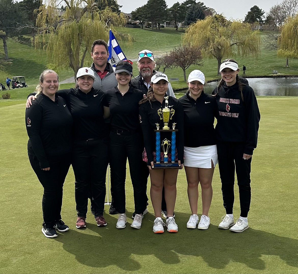 Courtesy photo
North Idaho College's women's golf team won a Northwest Athletic Conference tournament Monday in Kennewick, Wash. In the front row from left are Cassandra Lee, Sofia Lippiello, Lauryn Bulger, Laila Jalil, Marissa McCallum and Navy Wood; and back row from left, head coach Russell Grove and assistant coach Russ Grove.