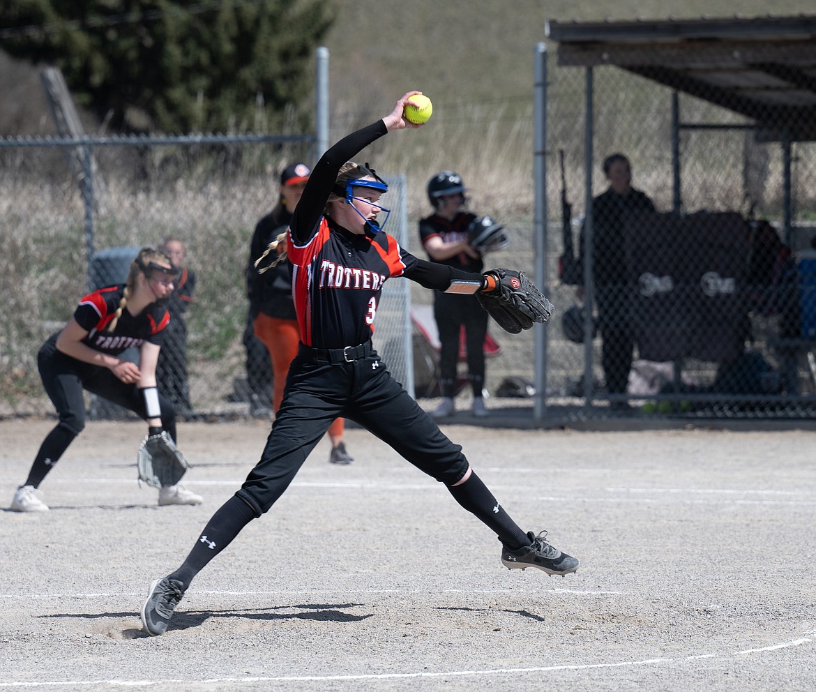 Plains starting pitcher Piper Bergstrom winds and fires a pitch toward home plate during the Trotters 19-9 win over Eureka Saturday afternoon in Plains. (Tracy Scott/Valley Press)